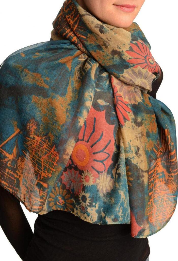 Liss Kiss Teal Blue With Large Rustic Daisy Scarf - Scarf
