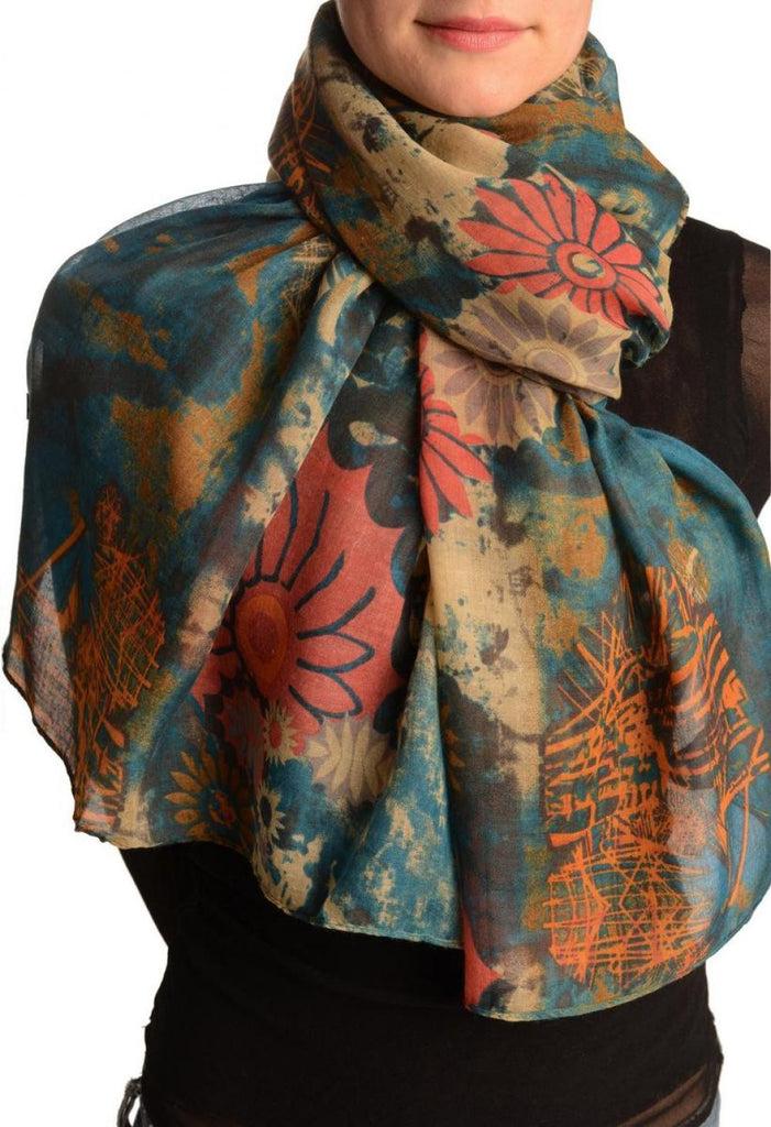 liss kiss Teal Blue With Large Rustic Daisy Scarf - Scarf