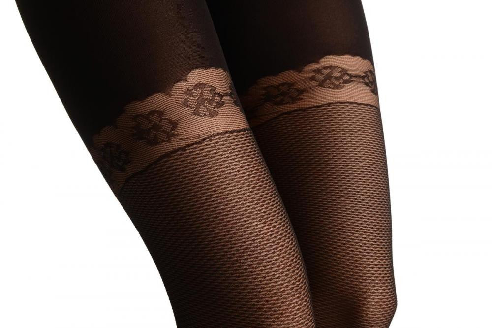 Liss Kiss Textured Black With Woven Lace Up & Roses Seam - Tights