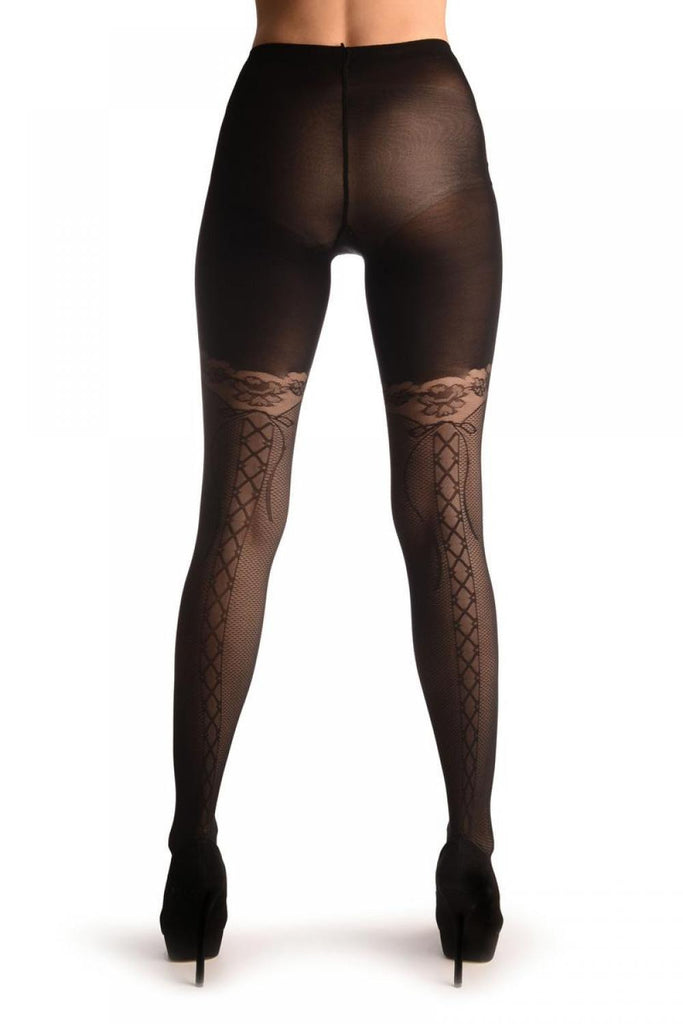 Liss Kiss Textured Black With Woven Lace Up & Roses Seam - Tights