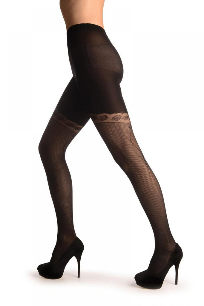 Liss Kiss Textured Black With Woven Lace Up & Roses Seam - Tights