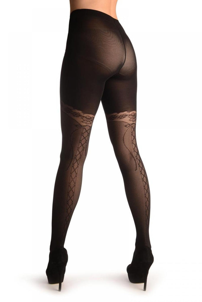 liss kiss Textured Black With Woven Lace Up & Roses Seam - Tights