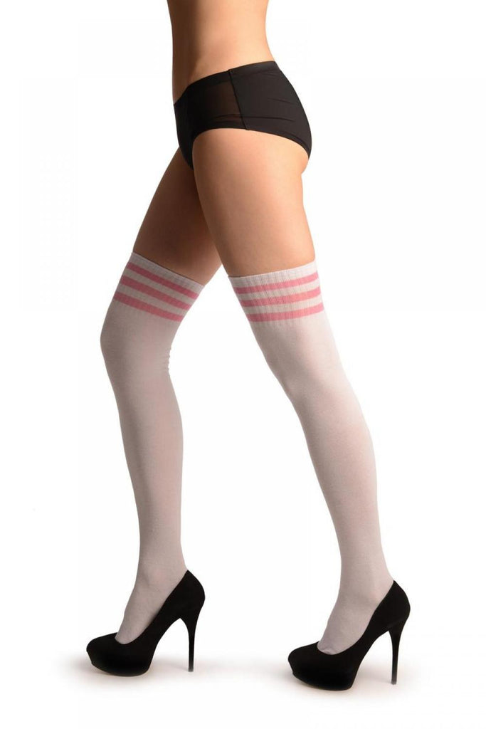 Liss Kiss Thin Pink Stripes On White (Referee) - Over The Knee Socks