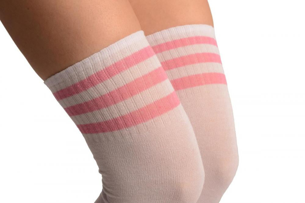 Liss Kiss Thin Pink Stripes On White (Referee) - Over The Knee Socks