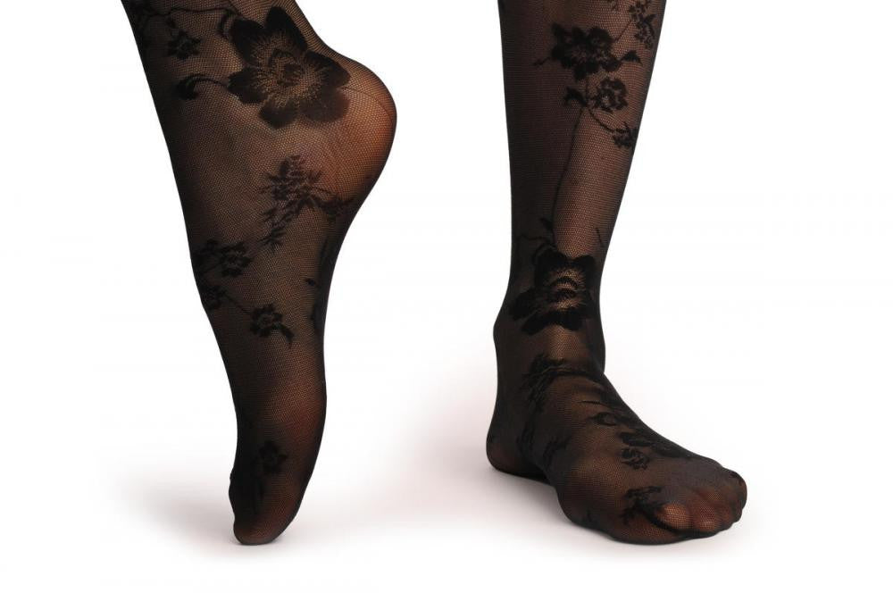 Liss Kiss Transparent Black Mesh With Black Opaque Flowers - Tights