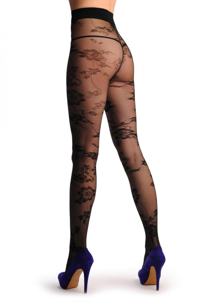 Liss Kiss Transparent Black Mesh With Black Opaque Flowers - Tights