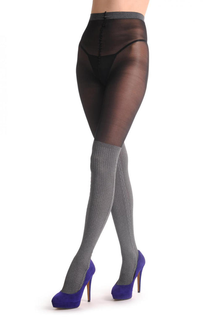 Liss Kiss Transparent Black With Woven Opaque Warm Grey Over The Knee Sock 60Den - Tights
