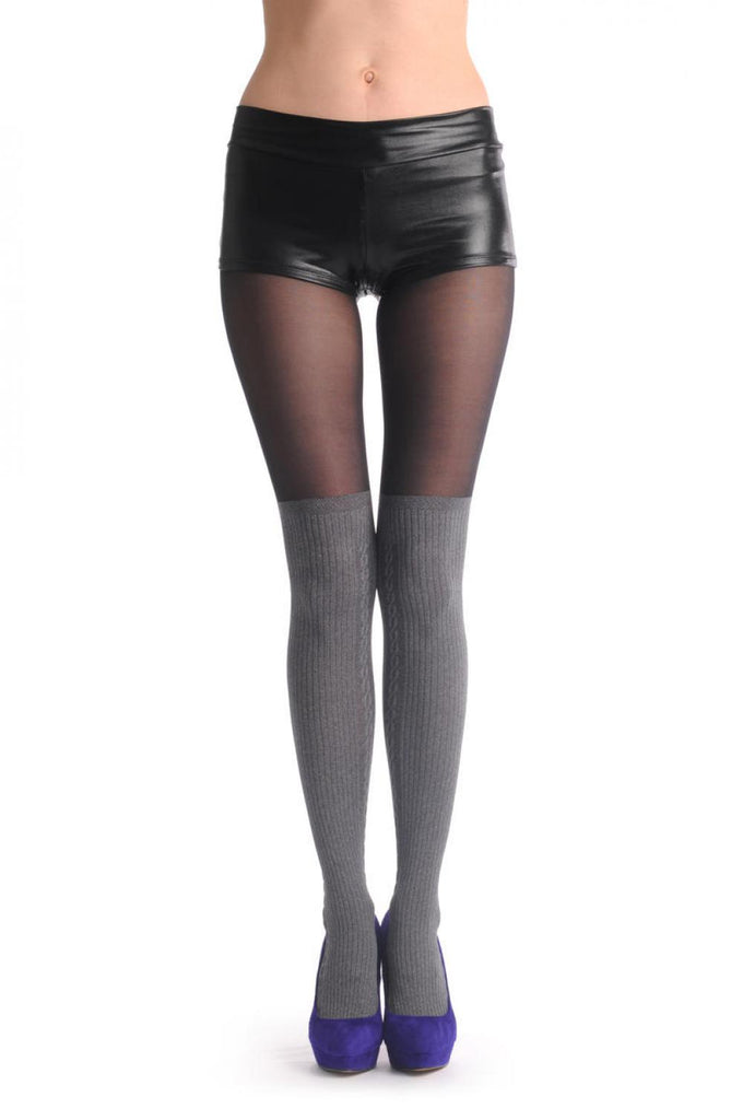 liss kiss Transparent Black With Woven Opaque Warm Grey Over The Knee Sock 60Den - Tights