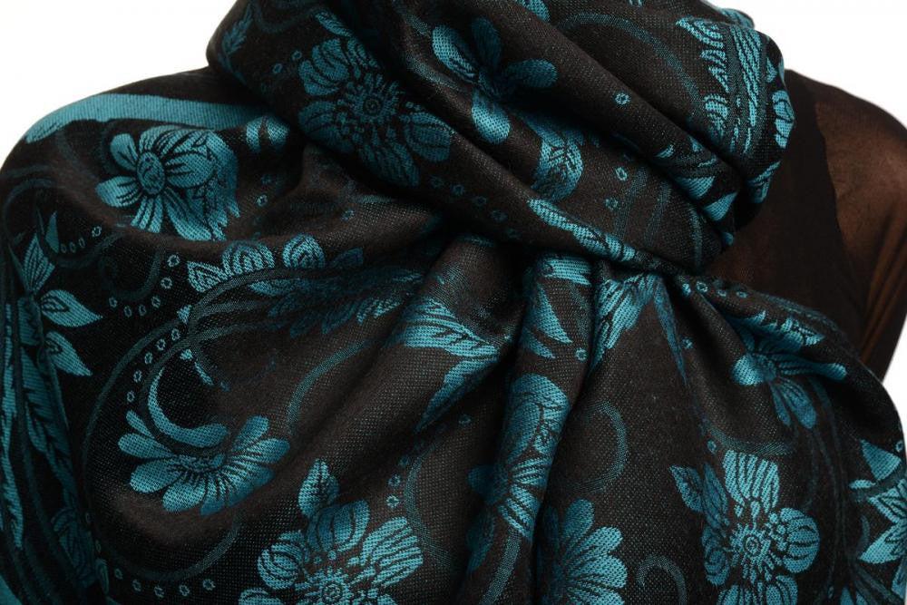 Liss Kiss True Blue Garden Flowers On Black Pashmina With Tassels - Scarf