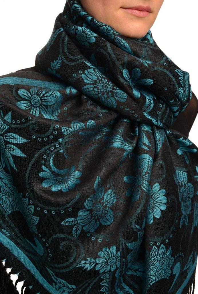 Liss Kiss True Blue Garden Flowers On Black Pashmina With Tassels - Scarf