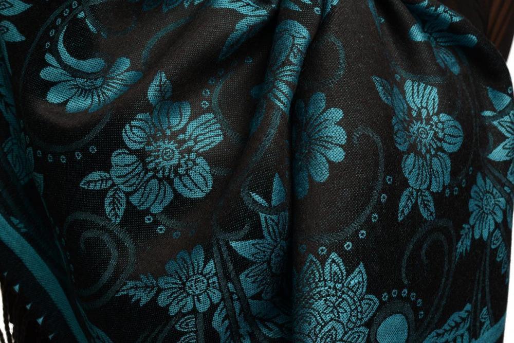 Liss Kiss True Blue Garden Flowers On Black Pashmina With Tassels - Scarf