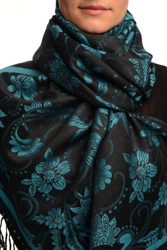 liss kiss True Blue Garden Flowers On Black Pashmina With Tassels - Scarf