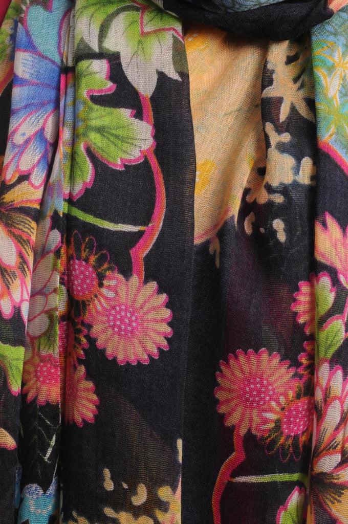 Liss Kiss Turkish Flowers With Tassels On Black With Blue Edge - Scarf