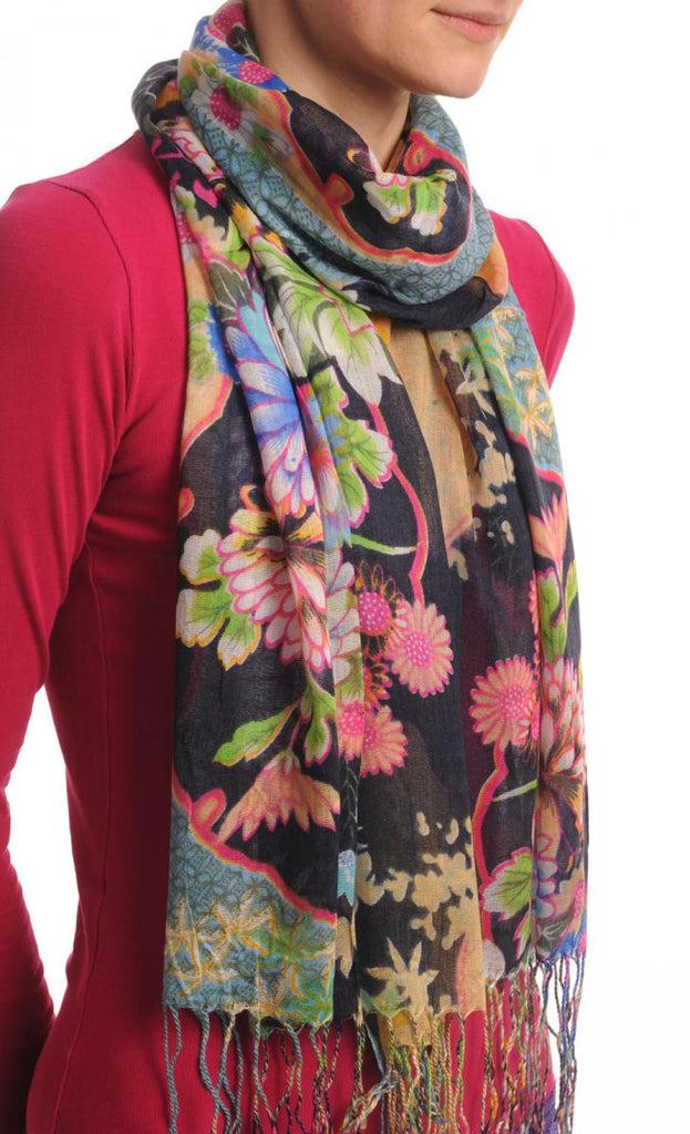 Liss Kiss Turkish Flowers With Tassels On Black With Blue Edge - Scarf