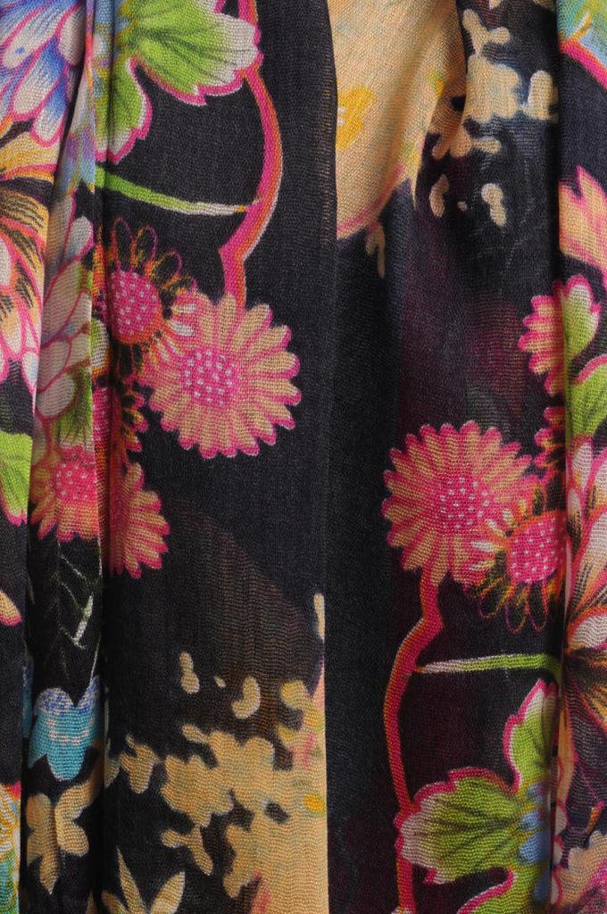 Liss Kiss Turkish Flowers With Tassels On Black With Blue Edge - Scarf