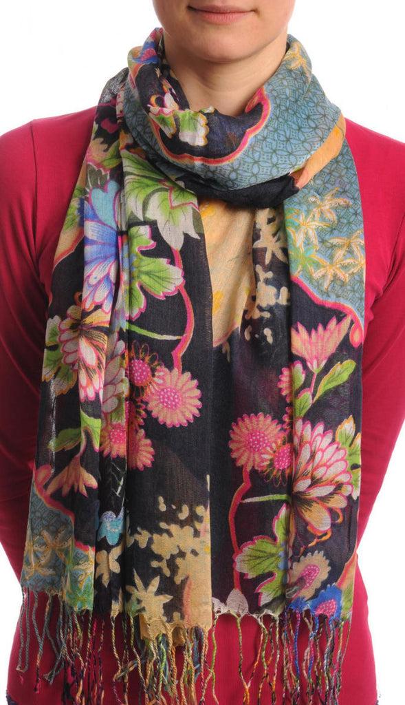 liss kiss Turkish Flowers With Tassels On Black With Blue Edge - Scarf