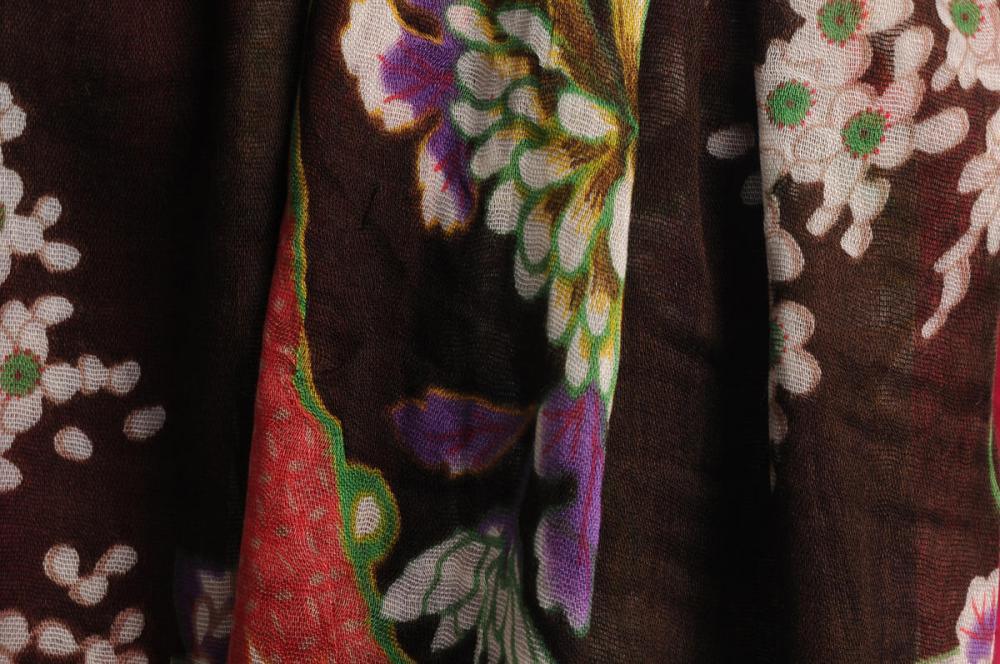 Liss Kiss Turkish Flowers With Tassels On Black With Blue Fuchsia Edge - Scarf
