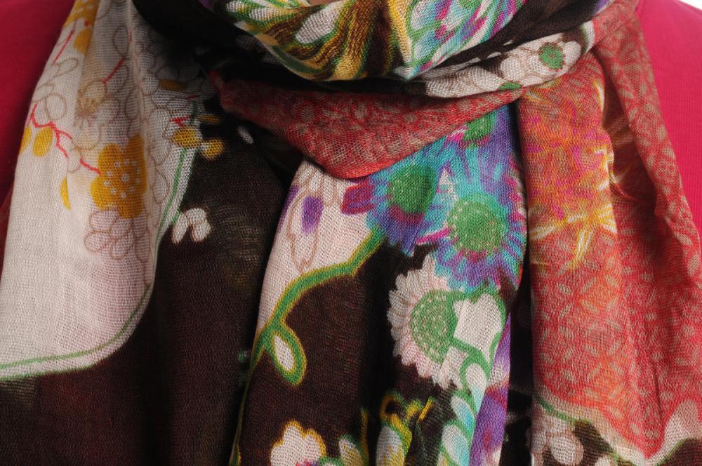 Liss Kiss Turkish Flowers With Tassels On Black With Blue Fuchsia Edge - Scarf