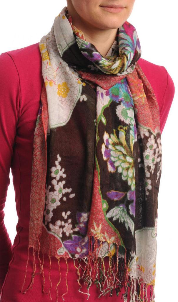 liss kiss Turkish Flowers With Tassels On Black With Blue Fuchsia Edge - Scarf