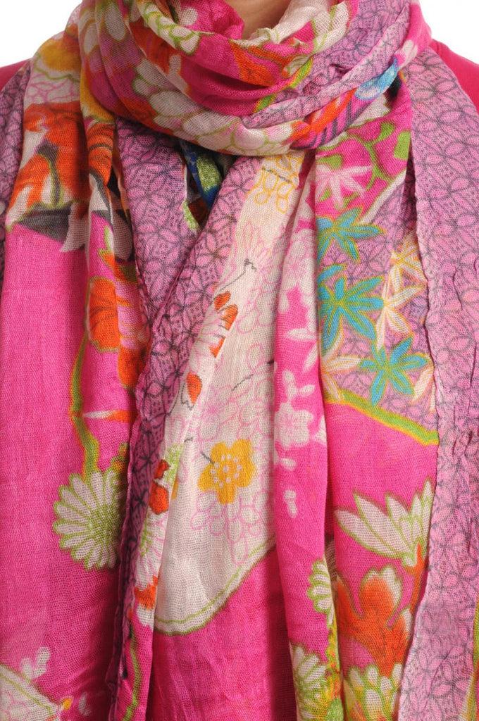 Liss Kiss Turkish Flowers With Tassels On Fuchsia With Fuchsia Edge - Scarf