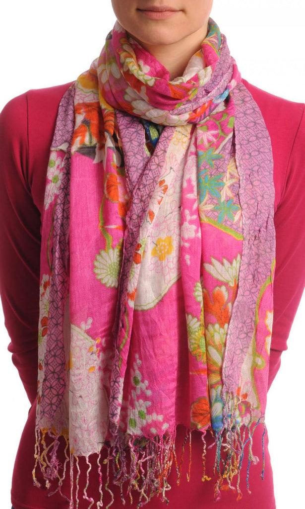 liss kiss Turkish Flowers With Tassels On Fuchsia With Fuchsia Edge - Scarf