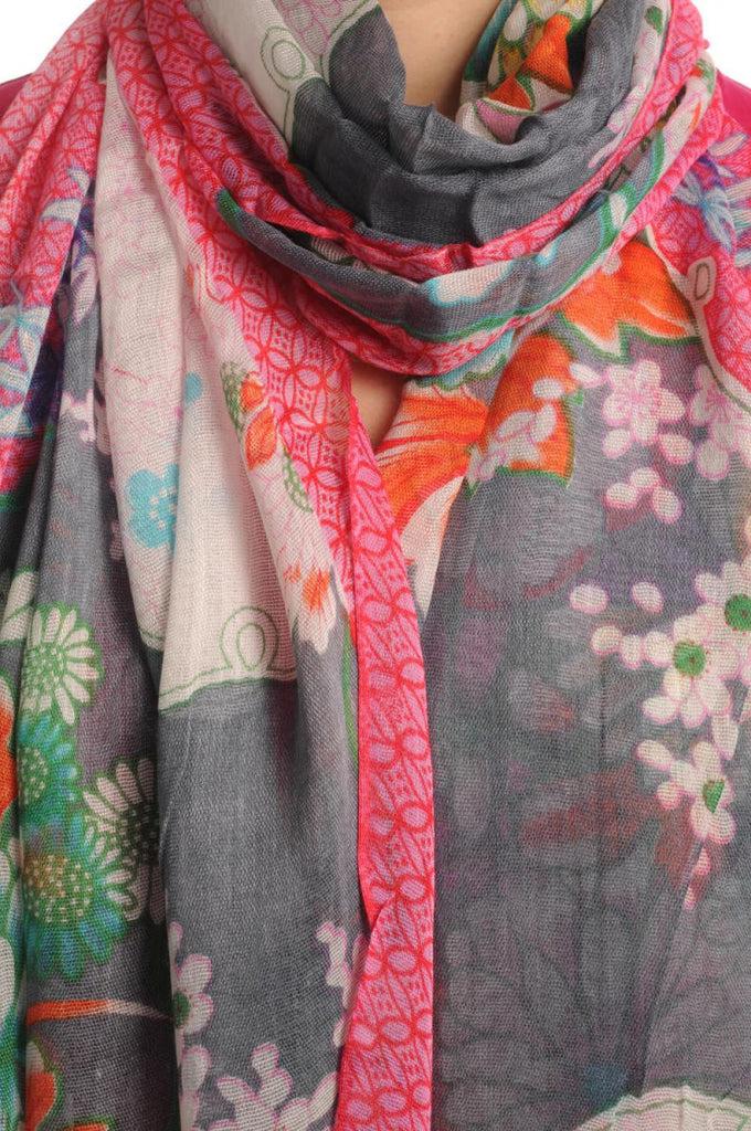 Liss Kiss Turkish Flowers With Tassels On Grey With Pink Edge - Scarf