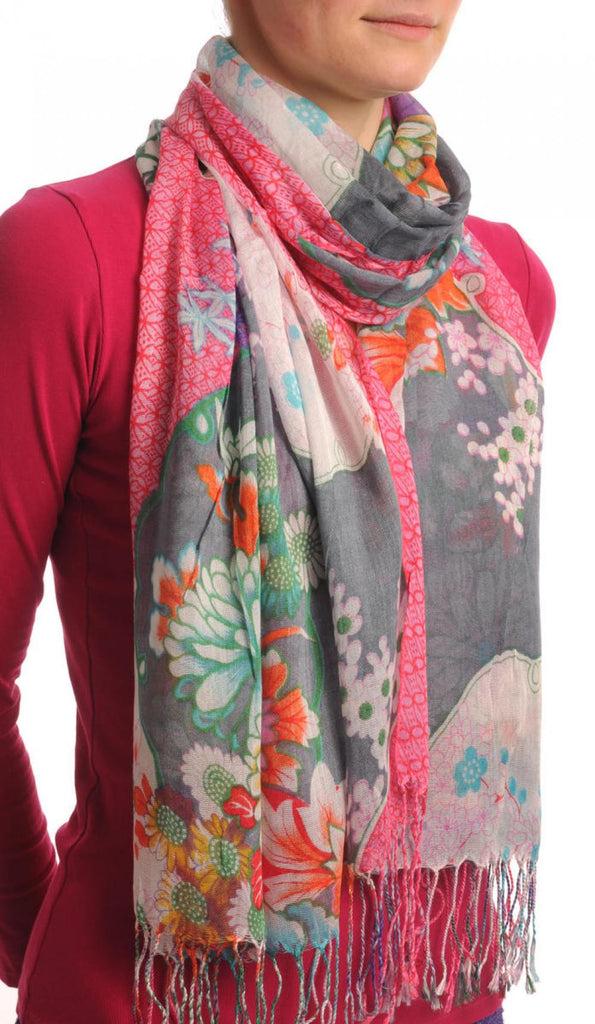 Liss Kiss Turkish Flowers With Tassels On Grey With Pink Edge - Scarf