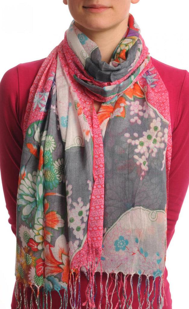 liss kiss Turkish Flowers With Tassels On Grey With Pink Edge - Scarf