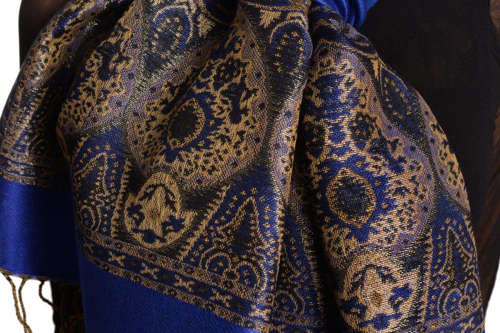 Liss Kiss Ultramarine Blue With Lurex Ornaments Pashmina With Tassels - Scarf