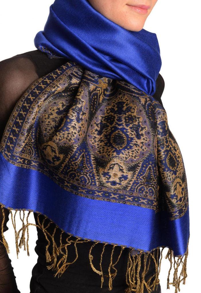 Liss Kiss Ultramarine Blue With Lurex Ornaments Pashmina With Tassels - Scarf