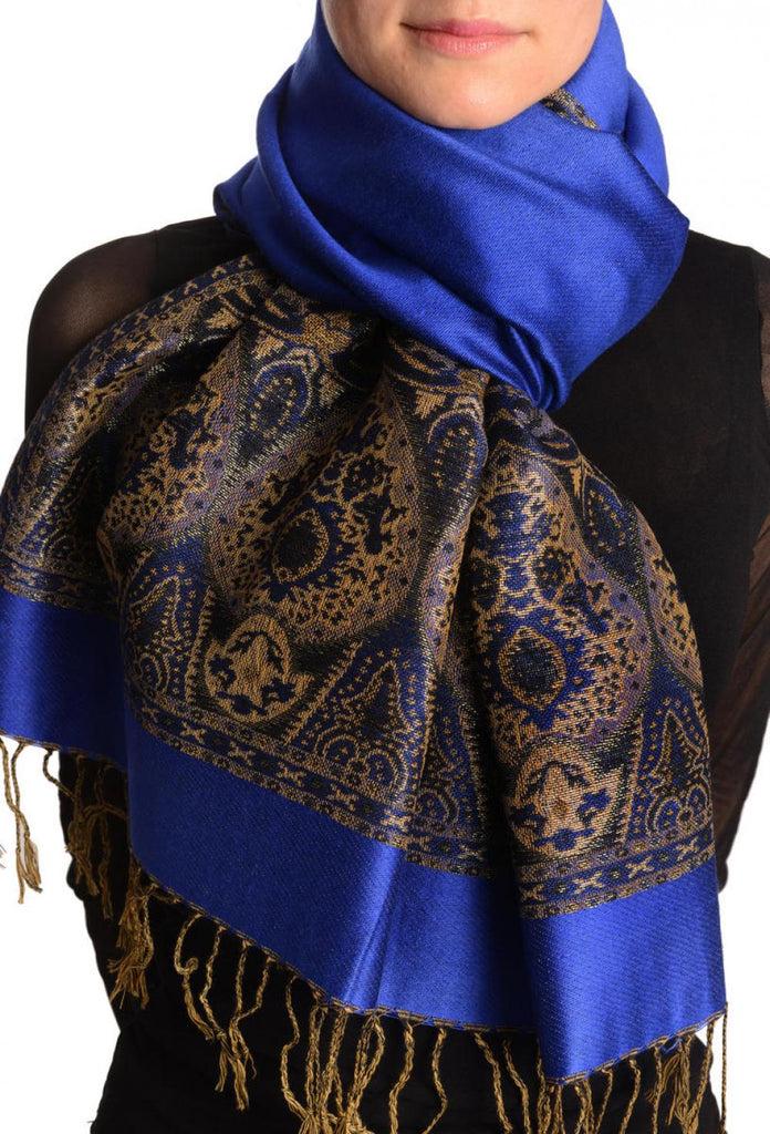 liss kiss Ultramarine Blue With Lurex Ornaments Pashmina With Tassels - Scarf