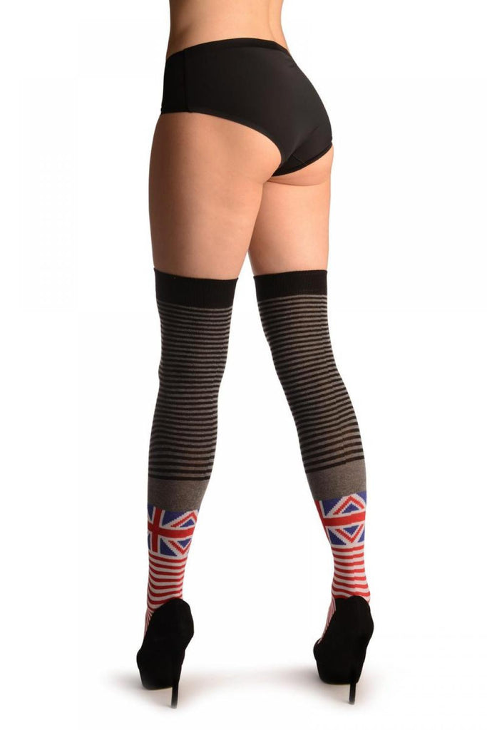 Liss Kiss Union Jack With White Red Grey & Black Stripes - Over The Knee Socks