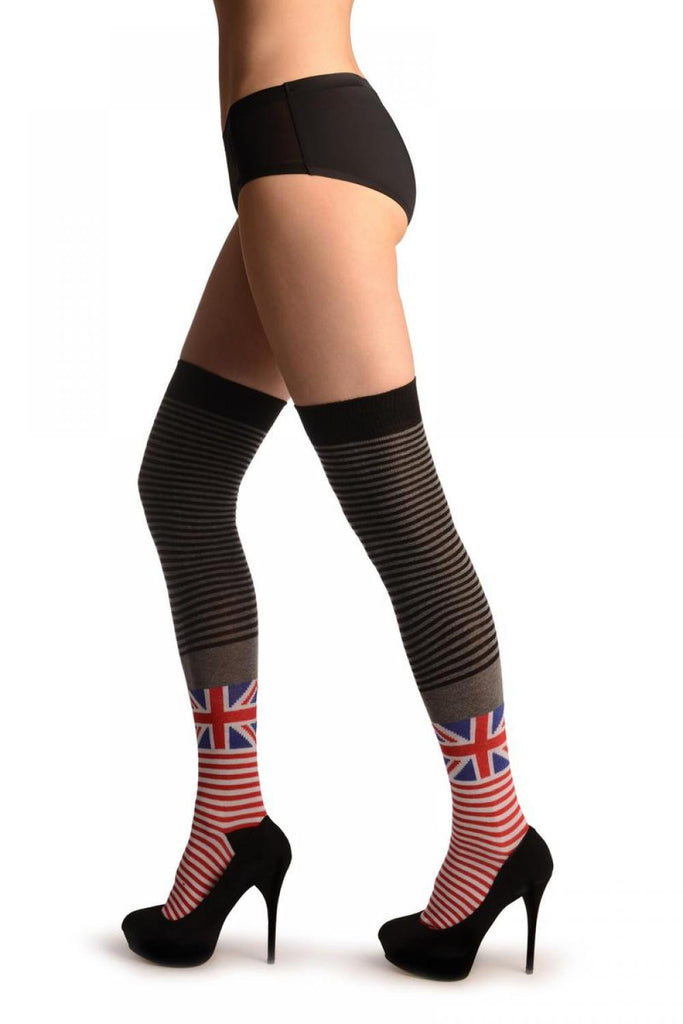 Liss Kiss Union Jack With White Red Grey & Black Stripes - Over The Knee Socks