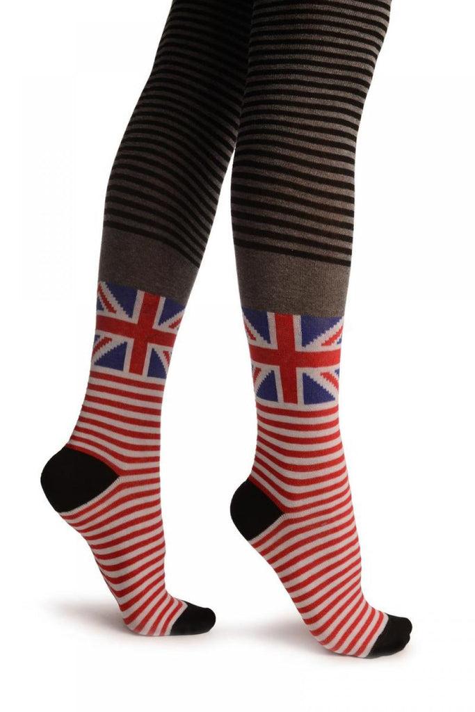 Liss Kiss Union Jack With White Red Grey & Black Stripes - Over The Knee Socks