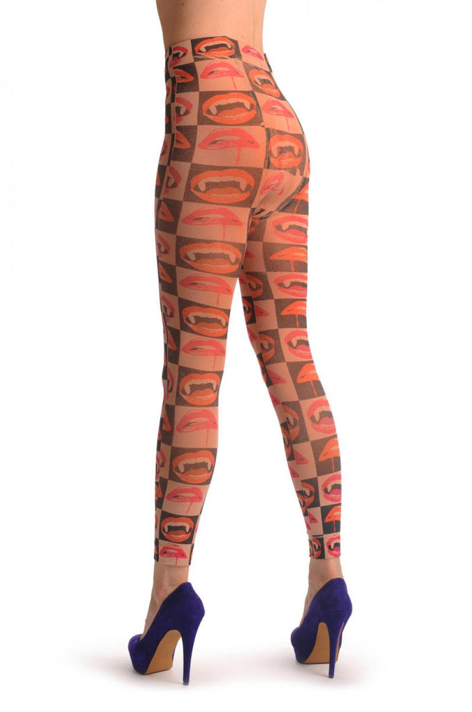 Liss Kiss Vampire Lips & Teeth Footless Warm Winter Fleece 500 Den - Tights Footless