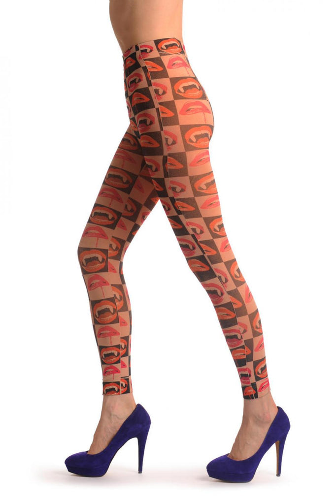 Liss Kiss Vampire Lips & Teeth Footless Warm Winter Fleece 500 Den - Tights Footless