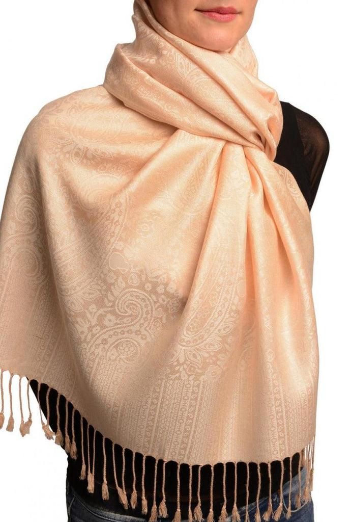 Liss Kiss Vanilla Beige Paisleys Pashmina Feel With Tassels - Scarf