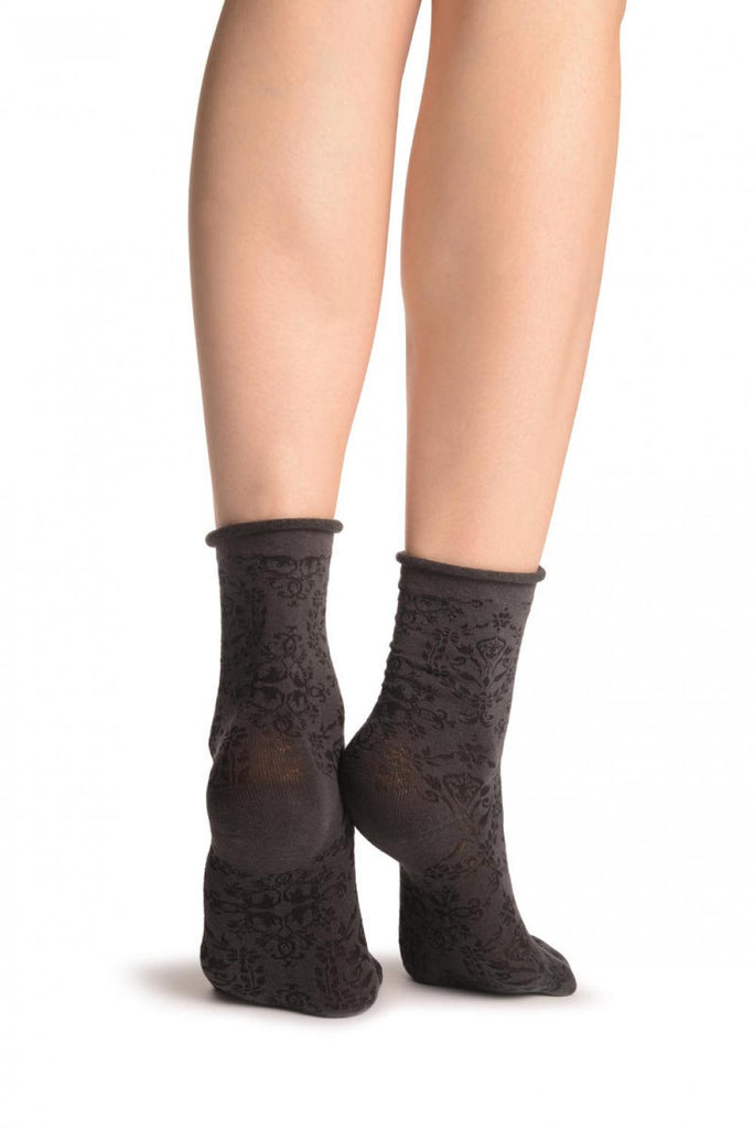 Liss Kiss Versailles Pattern With Rolling Top On Dark Grey Ankle High Socks - Socks