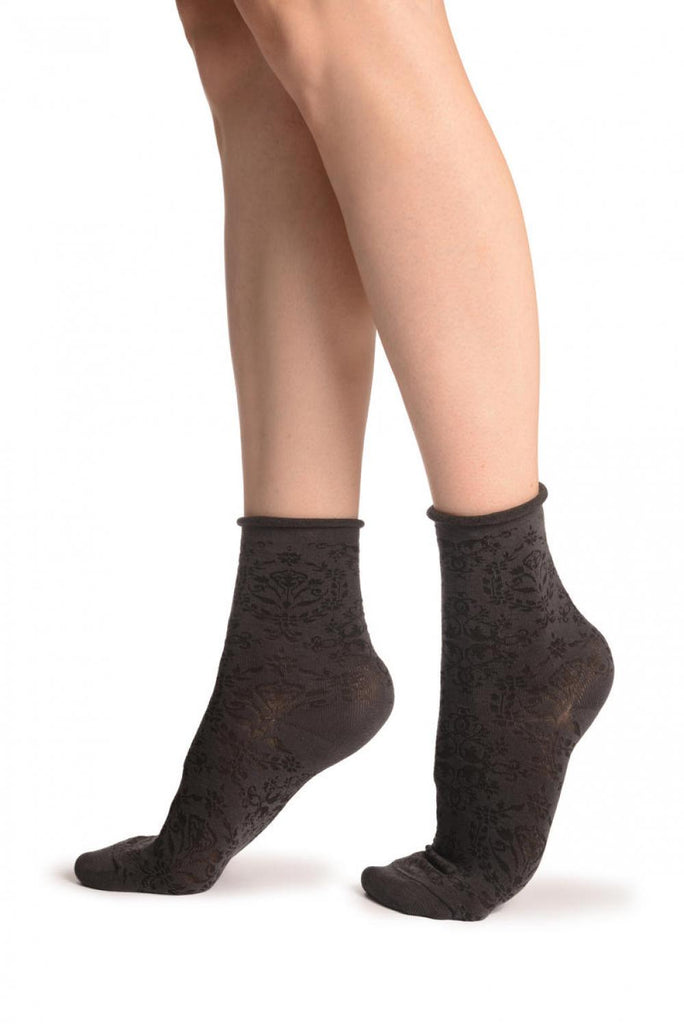 Liss Kiss Versailles Pattern With Rolling Top On Dark Grey Ankle High Socks - Socks