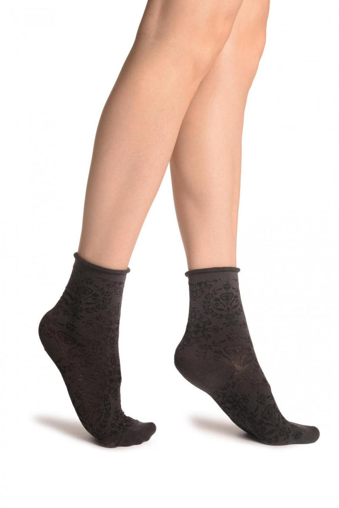 liss kiss Versailles Pattern With Rolling Top on Dark Grey Ankle High Socks - Socks