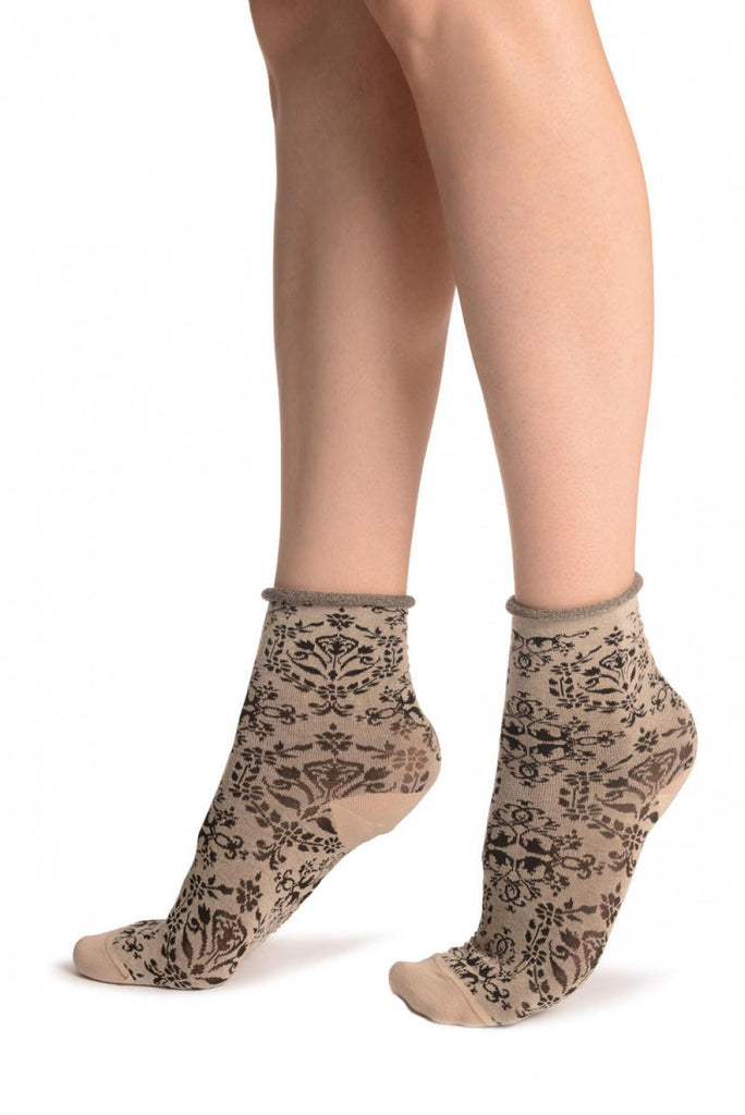 Liss Kiss Versailles Pattern With Rolling Top On Mocha Ankle High Socks - Socks
