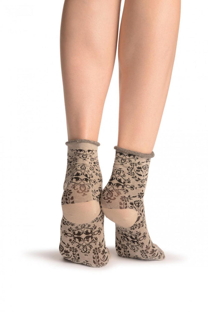 Liss Kiss Versailles Pattern With Rolling Top On Mocha Ankle High Socks - Socks