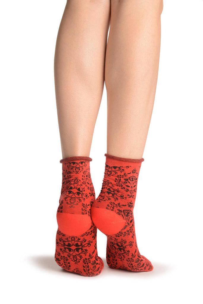 Liss Kiss Versailles Pattern With Rolling Top On Red Ankle High Socks - Socks