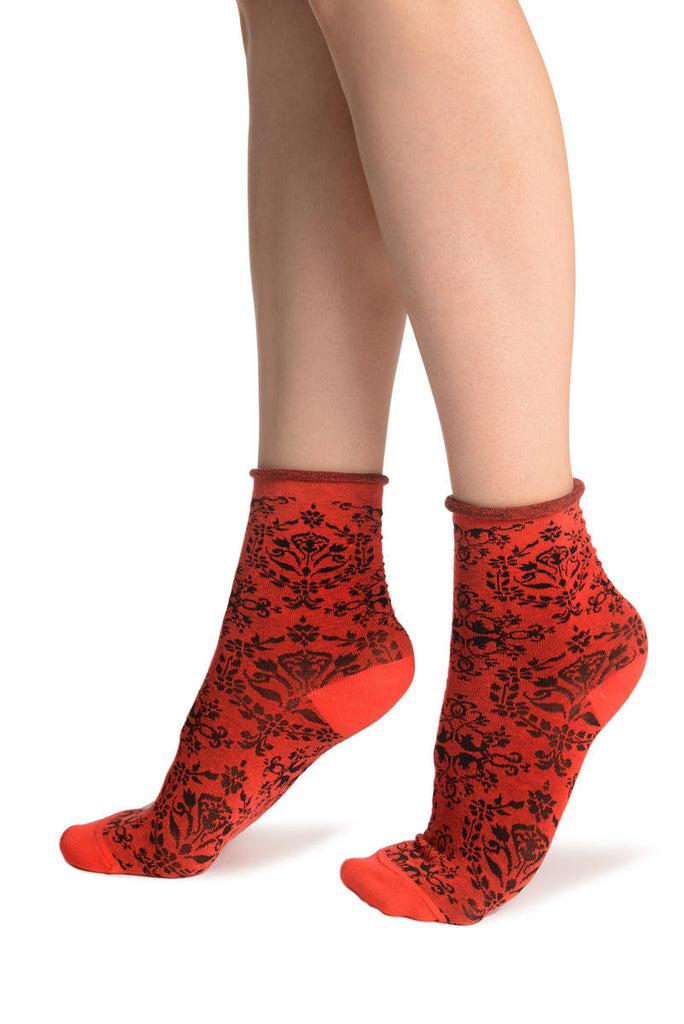 Liss Kiss Versailles Pattern With Rolling Top On Red Ankle High Socks - Socks
