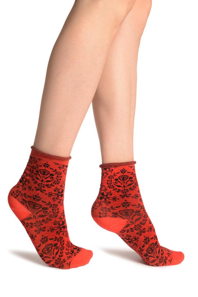 liss kiss Versailles Pattern With Rolling Top on Red Ankle High Socks - Socks