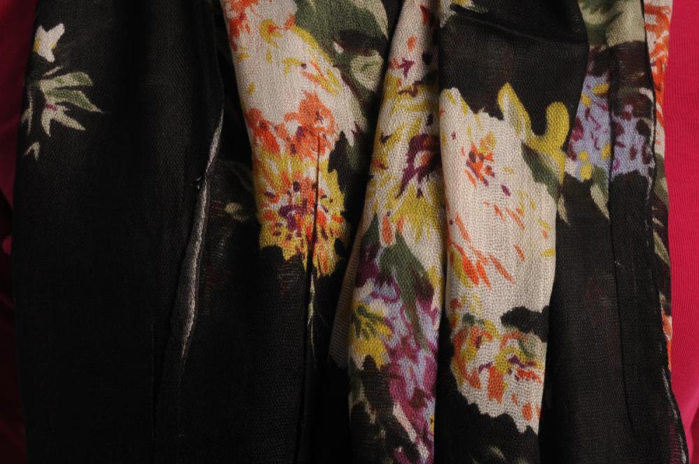 Liss Kiss Vintage Impressionist Flowers With Tassels On Black - Scarf