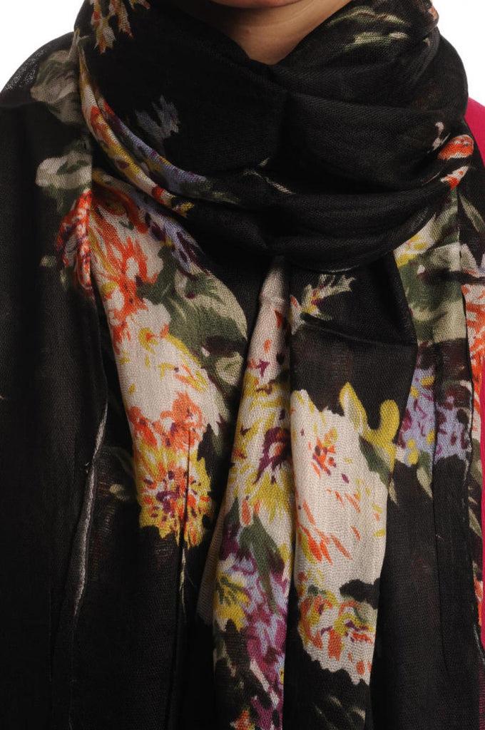 Liss Kiss Vintage Impressionist Flowers With Tassels On Black - Scarf