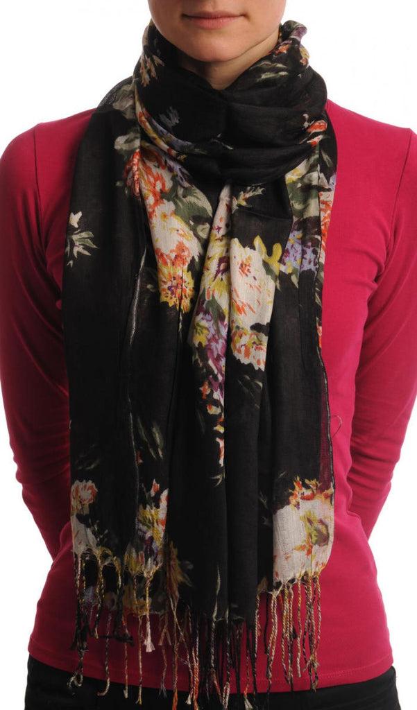 liss kiss Vintage Impressionist Flowers With Tassels On Black - Scarf