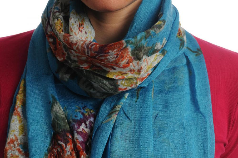 Liss Kiss Vintage Impressionist Flowers With Tassels On Blue - Scarf