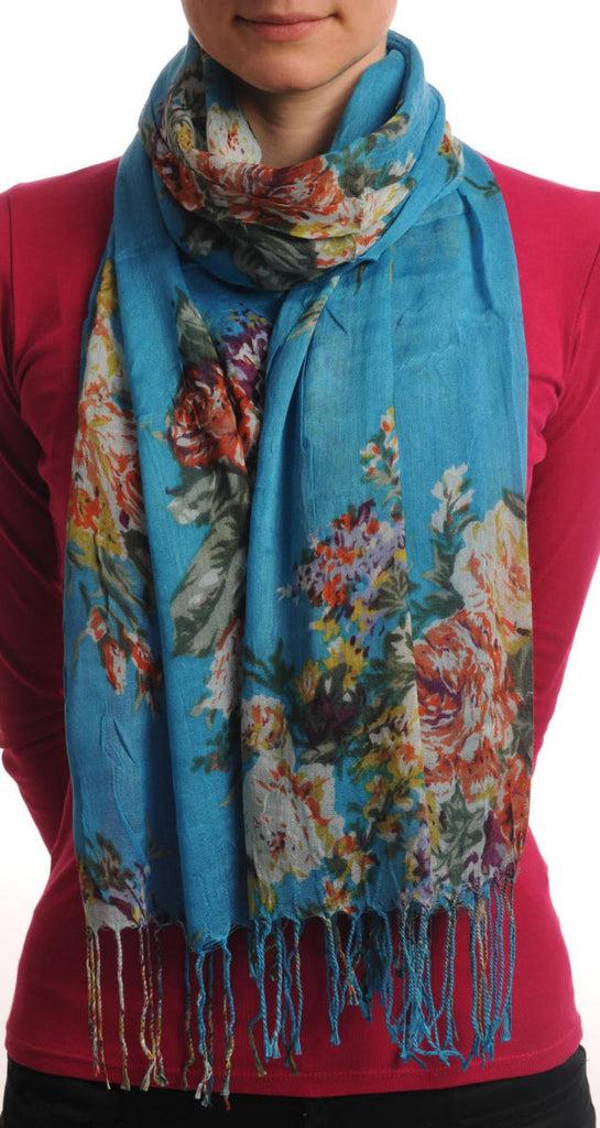 liss kiss Vintage Impressionist Flowers With Tassels On Blue - Scarf